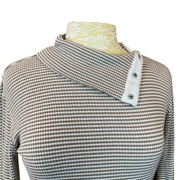 Anthropology Dolan Left Coast Collection LS Tan Striped Snap Turtleneck Medium - Picture 2 of 8